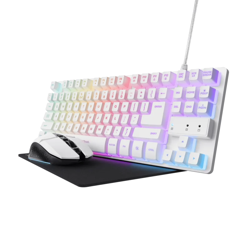 Kit Trust GXT 794W 3-in-1, kitul include: tastatura gaming, mouse cu fir gaming, mousepad, cablu USB-A la USB-C de 1m, USB micro receiver.