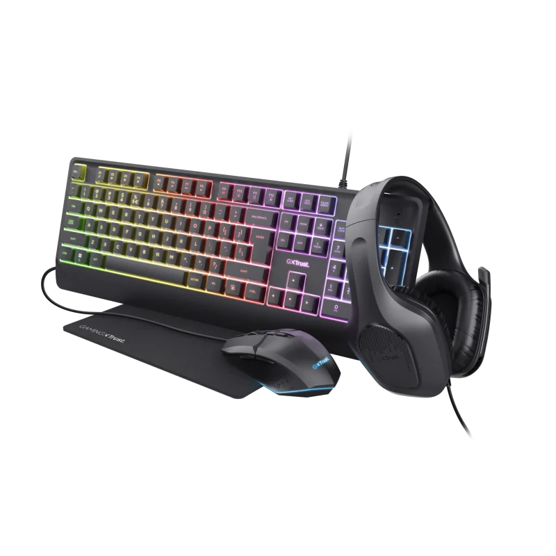 Kit Trust GXT 792 Quadrox 4-in-1, kitul contine: casti gaming, tastatura gaming, mouse gaming, mousepad, adaptor