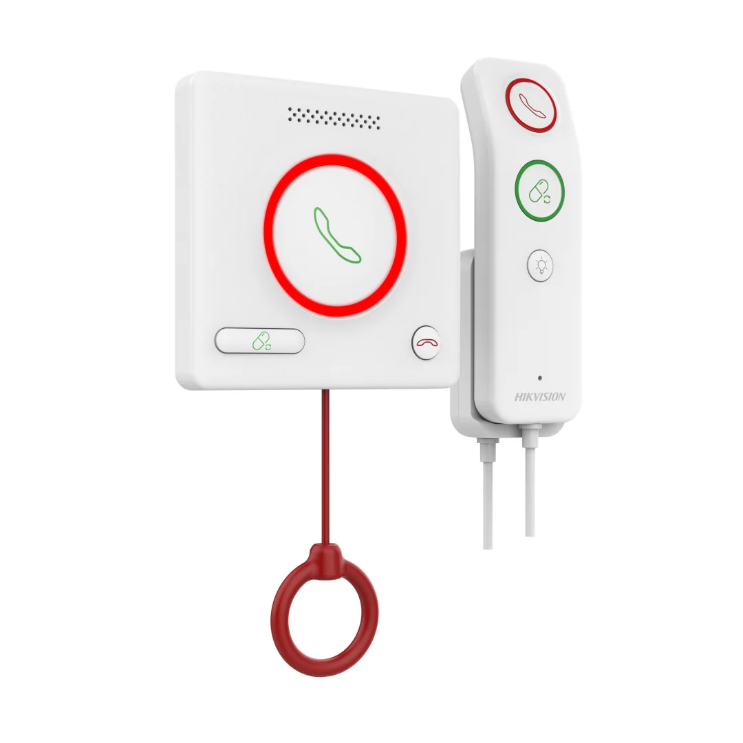 BUTON DE APELARE MEDICALA cu telecomanda Hikvision DS-KHH6020X-H; 1x RJ45 port, alimentare: DC12V/private POE, protectie: IPX5 Intercomunicare bidirecțională și alarme inteligente: – Comunicarea vocală clară între pacienți și personalul medical (statia