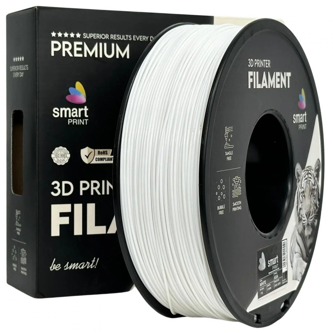 FILLAMENT 1KG ASA WHITE, Rezistenta UV, Finisaj mat, Diametru: 1.75mm, Greutate: 1KG, Temperatura duza: 220C โ 250C, Temperatura platforma printare: 95C โ 110C. Smart Print