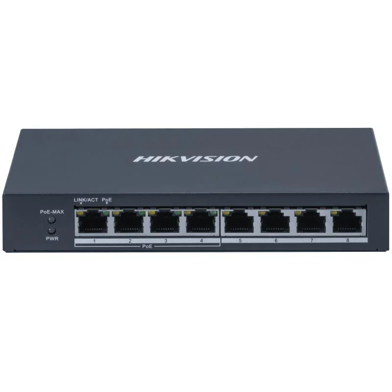 Switch PoE Hikvision DS-3E0508P-O: 4 × Gigabit PoE port, 4 × Gigabit RJ45 port, PoE: Ports 1 to 4 maxim 30W, buget PoE 60W, tensiune alimentare 1 48 VDC, 1.35 A, dimensiuni: 170.0 mm × 27.6 mm × 93.1 mm, greutate: 0.365kg, montare in rack.
