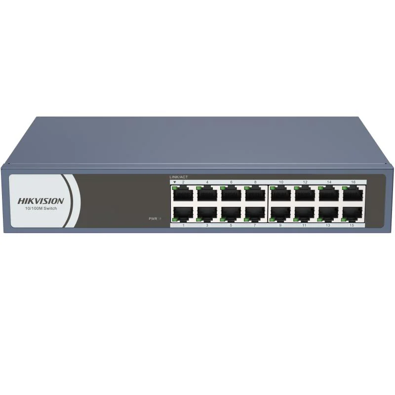 Switch Hikvision DS-3E0116R-O: 16 × 10/100 Mbps RJ45 Port, tensiune alimentare 220 VAC, 50/60 Hz, dimensiuni: 257..0 mm × 44.5 mm × 175.8 mm, greutate: 1.1kg, montare pe birou, in rack sau pe perete.