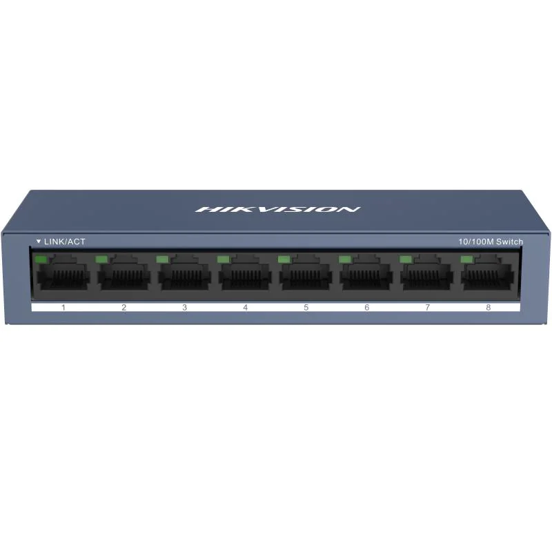 Switch Hikvision DS-3E0108-O: 8 × 10/100 Mbps RJ45 Port, tensiune alimentare 5 VDC, 1A., dimensiuni: 142.4 mm × 25.6 mm × 53.1 mm, greutate: 0.2 kg, montare pe birou sau pe perete.