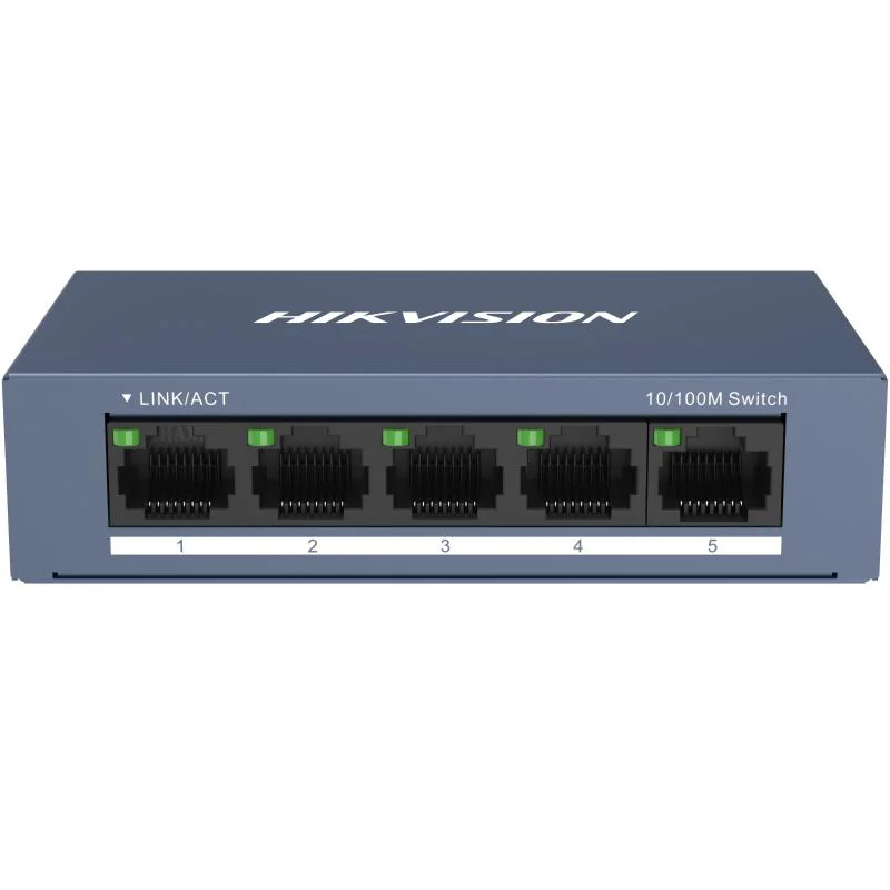 Switch Hikvision DS-3E0105-O: 5 × 10/100 Mbps RJ45 Port, tensiune alimentare 5 VDC, 1A., dimensiuni: 103.05 mm × 25.6 mm × 61.1 mm, greutate: 0.15kg, montare pe birou sau pe perete.