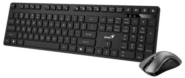 Kit wireless Genius tastatura wireless 104 taste (slim) + mouse wireless 1200dpi, 3 butoane, 11 taste functii multimedia, silent, AI key, negru Genius