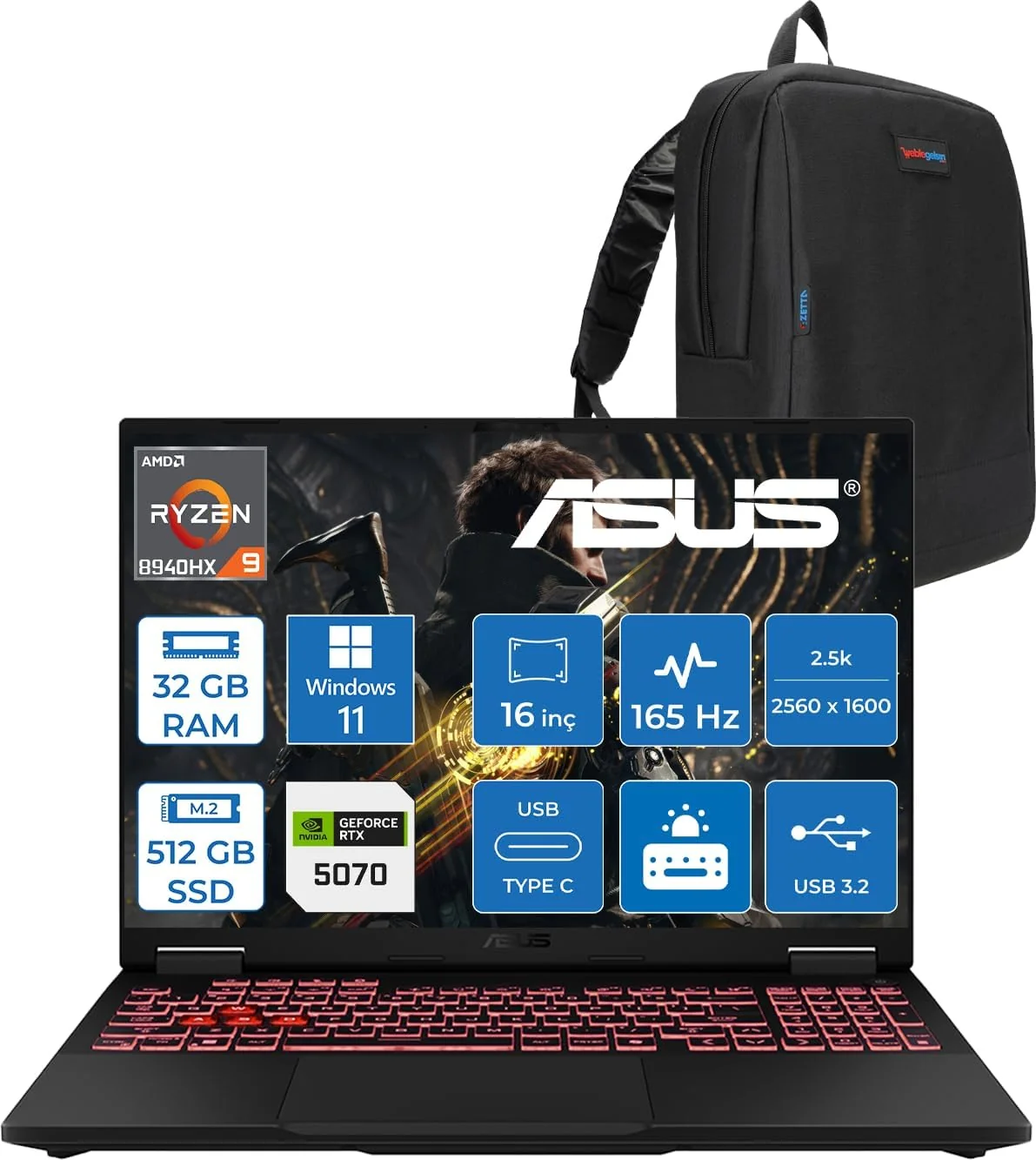 ASUS TUF Gaming A16 FA608PP-QT134 AMD Ryzen 9 8940HX 16inch 2.5K DDR5 16GB 512GB PCIe NVMe M.2 SSD RTX 5070 DOS
