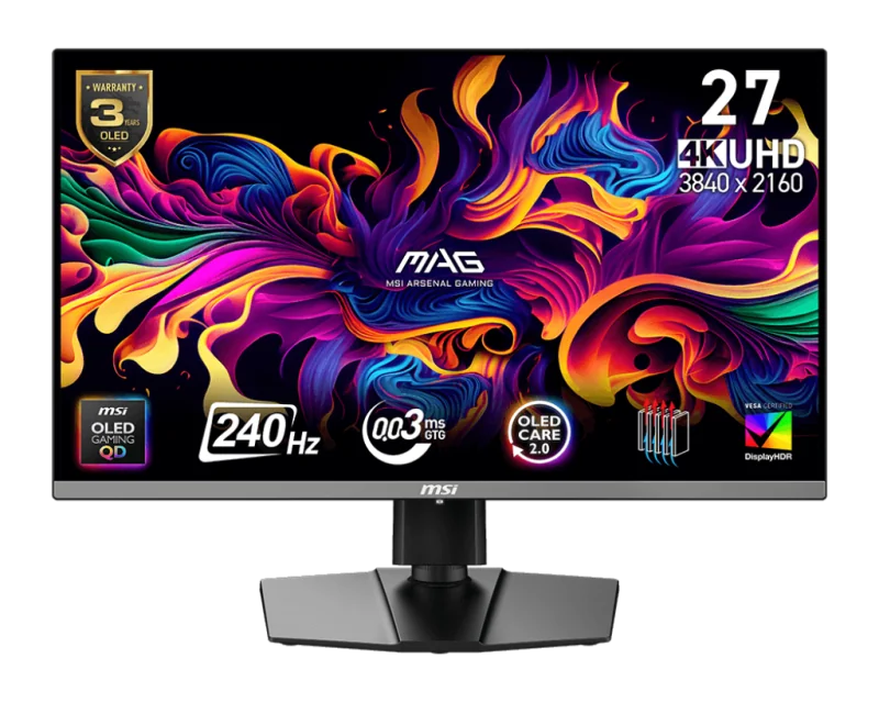 MAG 272UP QD-OLED X24. Display diagonal: 67.3 cm (26.5"), Display resolution: 3840 x 2160 pixels, HD type: 4K Ultra HD, Display technology: QD-OLED, Response time: 0.03 ms, Native aspect ratio: 16:9, Viewing angle, horizontal: 178°, Viewing angle, MSI