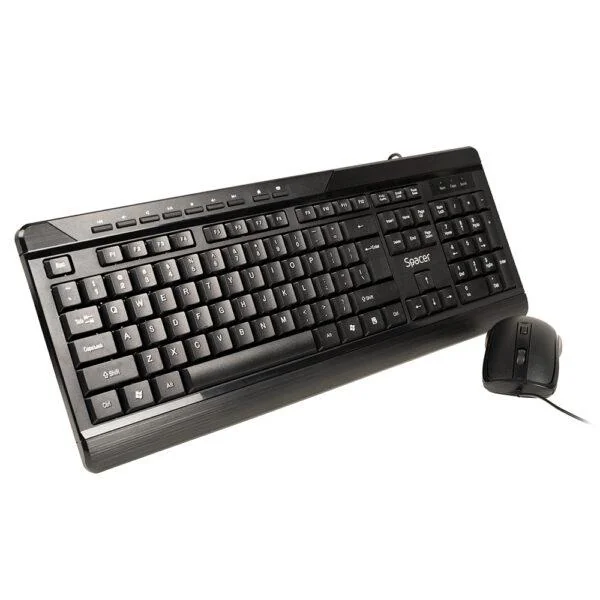 KIT Spacer, tastatura cu fir multimedia 104 taste (+ 9 taste multimedia) + mouse rezolutie max.1600dpi, 4 butoane, rotita scroll, negru Spacer