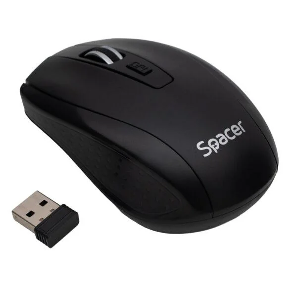 Mouse Spacer PC sau NB, wireless, 2.4GHz, optic, max.1600 dpi, butoane/scroll 4/1, rezolutie selectabila, buton ON/OFF, 2 baterii AAA incluse, negru Spacer