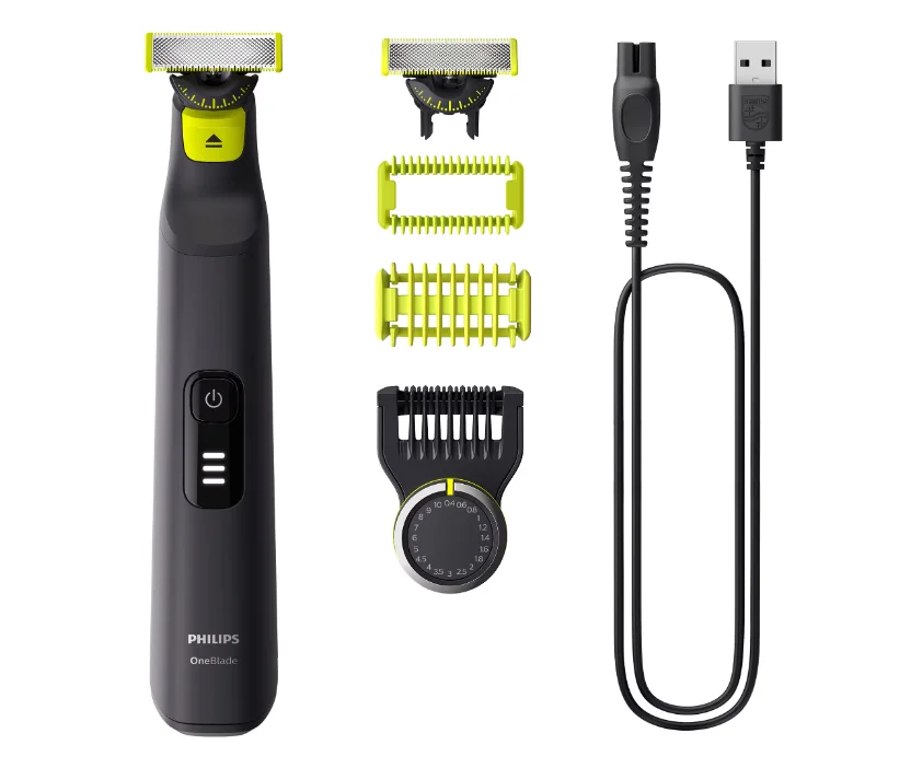 Aparat de ras (0,2mm) si tuns (0,4-10mm) PHILIPS OneBlade Pro QP6542/15, Fata&corp, pieptene cu 14 setari de lungime (0,4-10 mm), 2 accesorii pentru utilizare pe corp, 2 lame 360, 90 min (Li-ion), cablu de alimentare USB-A, fara adaptor pentru priza Philips
