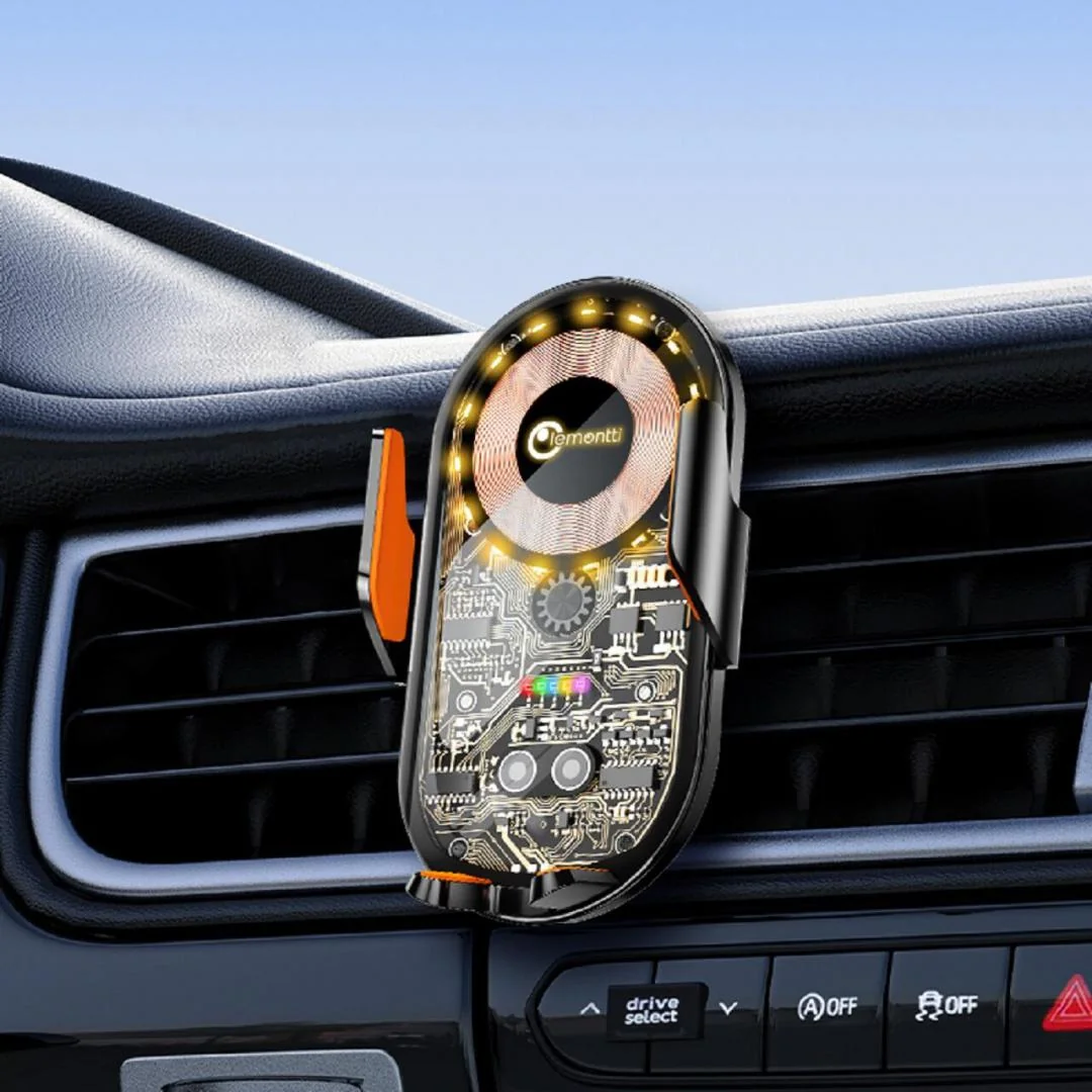 Lemontti Suport Auto cu incarcare  Wireless, 15W, deschidere automata prin senzor infrarosu, prindere la ventilatie, cablu Type-C inclus, Transparent Negru Lemontti 