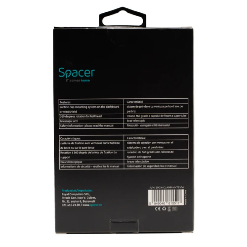 Suport auto SPACER pt. SmartPhone, fixare pe bord sau geam prin ventuza, brat telescopic, sistem auto-lock, rotire 360 grade, negru Spacer