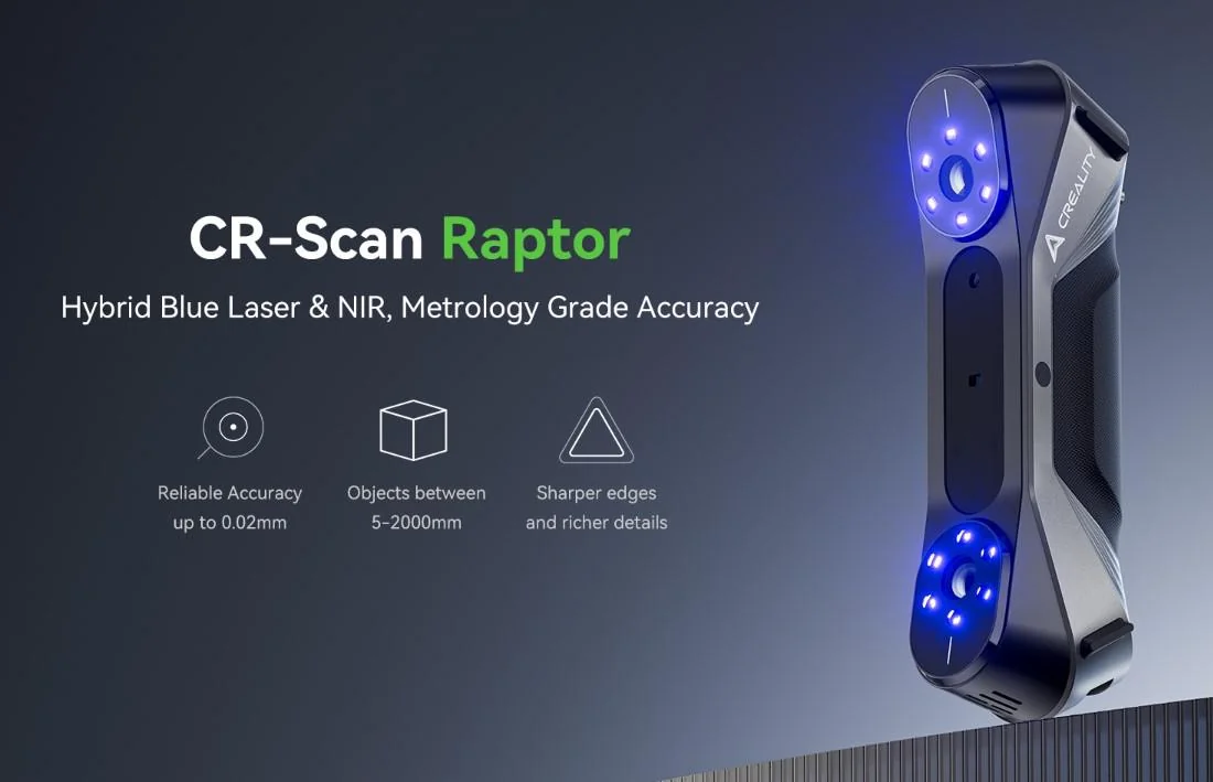 3D SCANNER CR-SCAN RAPTOR, mod scanare: Blue Light(Blue 7-line laser) / NIR(infrared binocular structured light), Acuratete: 0.02mm @ 100mm, Rezolutie: 0.02-2mm, Viteza scanare: pana la  60fps, volum minim scanare: 5mm x 5mm x 5mm, Raza single Creality