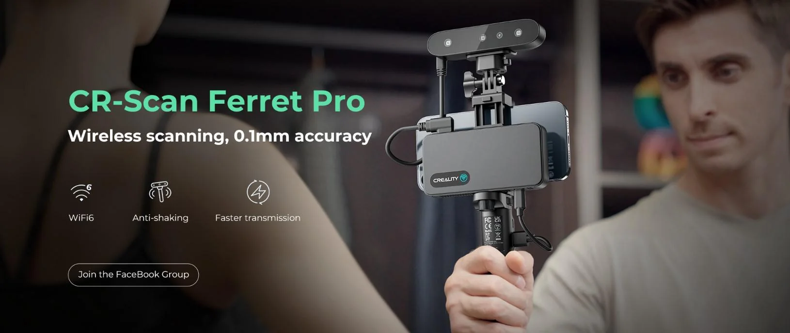3D SCANNER CR-SCAN FERRET PRO, Rezolutie 3D: 0.16mm, Distanta lucru: 150-700mm, Viteza scanare: 30fps, Acuratete: 0.1mm, Conectivitate wireless WI-FI6, Durata sesiune max: 2.5h, Capacitate acumulator: 5000mAh, Sisteme de operare: IOS, Windows, Creality