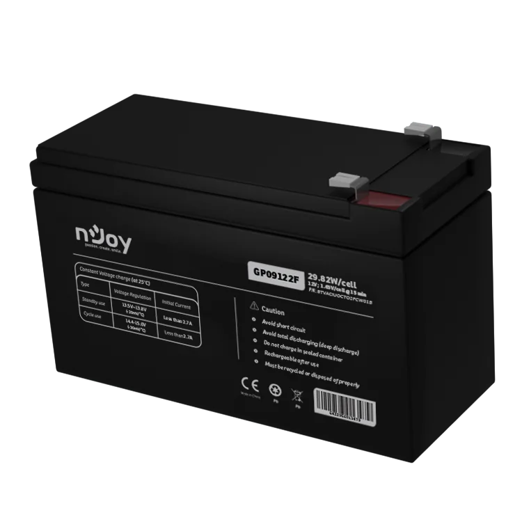 ACUMULATOR NJOY GP09122F 12V Tip VRLA AGM Terminale F2 Durata teoretica de viata in mod asteptare pana la 5 ani Cycle Use 14.4V-15.0V (-30mV/C) nJoy