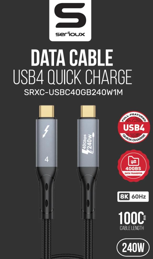 Cablu Serioux USB-C la USB-C, viteza transfer 40Gbs, lungime cablu 100cm, iesire video 8K@60HZ sau Dual 4k@60hz, negru Serioux
