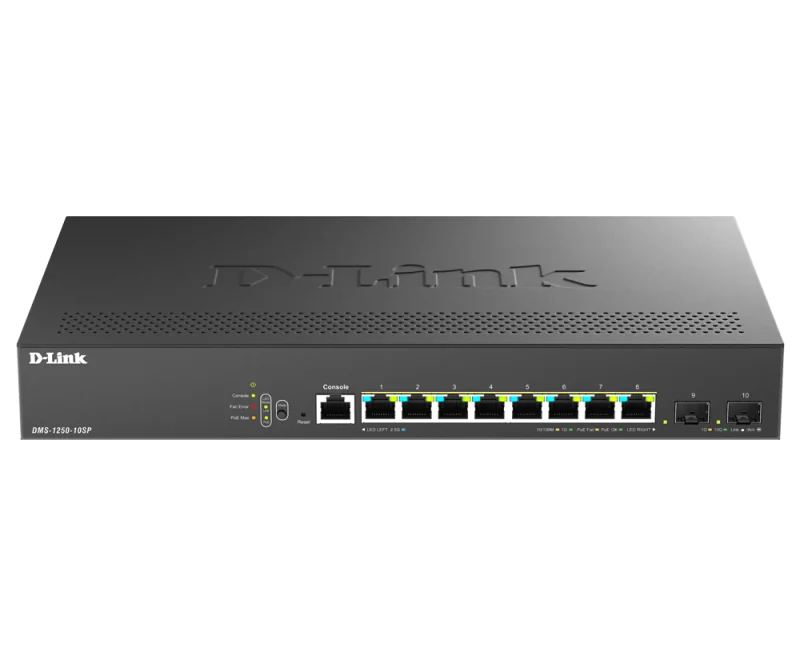 Switch D-Link DMS-1250-10SP , 8 porturi Gigabit, 2 porturi SFP+, Protocol 802.1D STP 802.1s MSTP 802.1w RSTP, rackabil D-Link