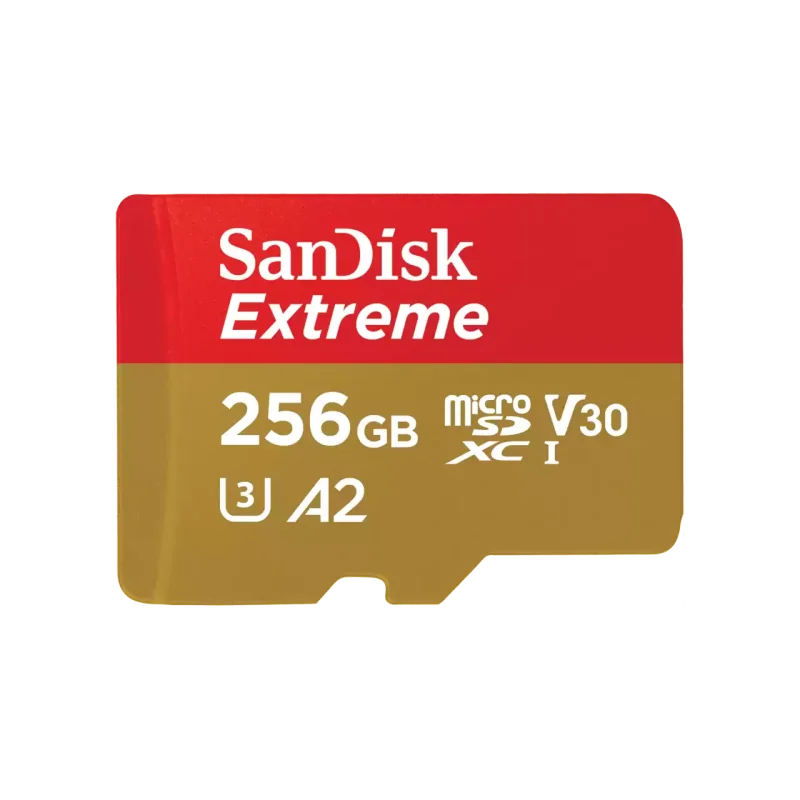 Extreme. Capacity: 256 GB, Flash card type: MicroSDXC, Flash memory class: Class 10, Internal memory type: UHS-I, Read speed: 190 MB/s, Write speed: 130 MB/s, UHS Speed Class: Class 3 (U3), Video Speed Class: V30. Product colour: Gold, Red Sandisk