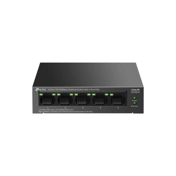 "5-Port 10/100 Mbps Desktop Switch with 4-Port PoE PORT: 4× 10/100 Mbps PoE Ports, 1× 10/100 Mbps Non-PoE Port SPEC: 802.3af, 41 W PoE Power, Desktop Steel Case FEATURE: Extend Mode for 250m PoE Transmitting, PoE Auto Recovery, Plug and Play" TP-Link