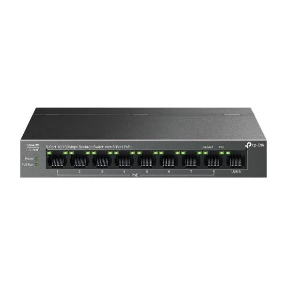 "9-Port 10/100 Mbps Desktop Switch with 8-Port PoE+ PORT: 8× 10/100 Mbps PoE+ Ports, 1× 10/100 Mbps Non-PoE Port SPEC: 802.3at/af, 63 W PoE Power, Desktop Steel Case FEATURE: Extend Mode for 250m PoE Transmitting, Isolation Mode, PoE Auto Recovery, Plug TP-Link