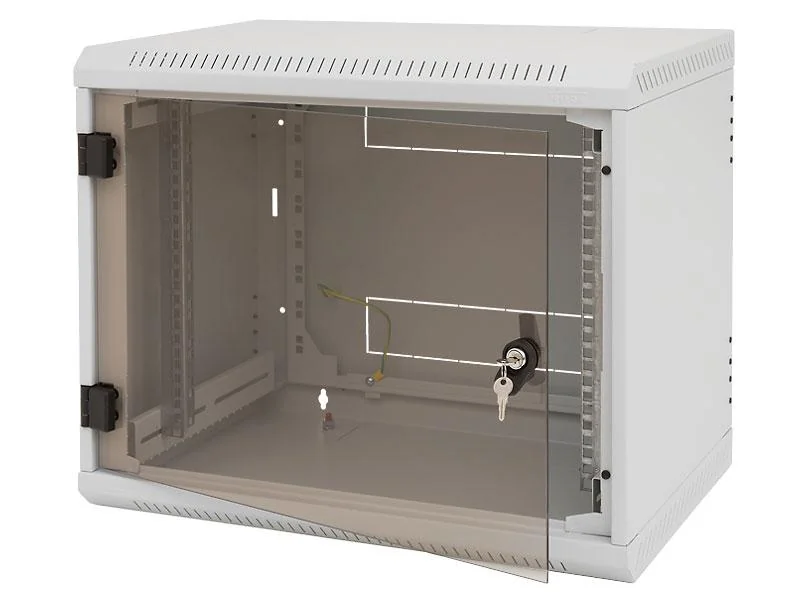 Rack de perete Triton sectiune simpla 12U 600mm adancime usa sticla panouri laterale fixe, sectiuni acces cabluri sus/jos/spate securizare cu cheie, 1 pereche montanti reglabili IP30 gri Triton