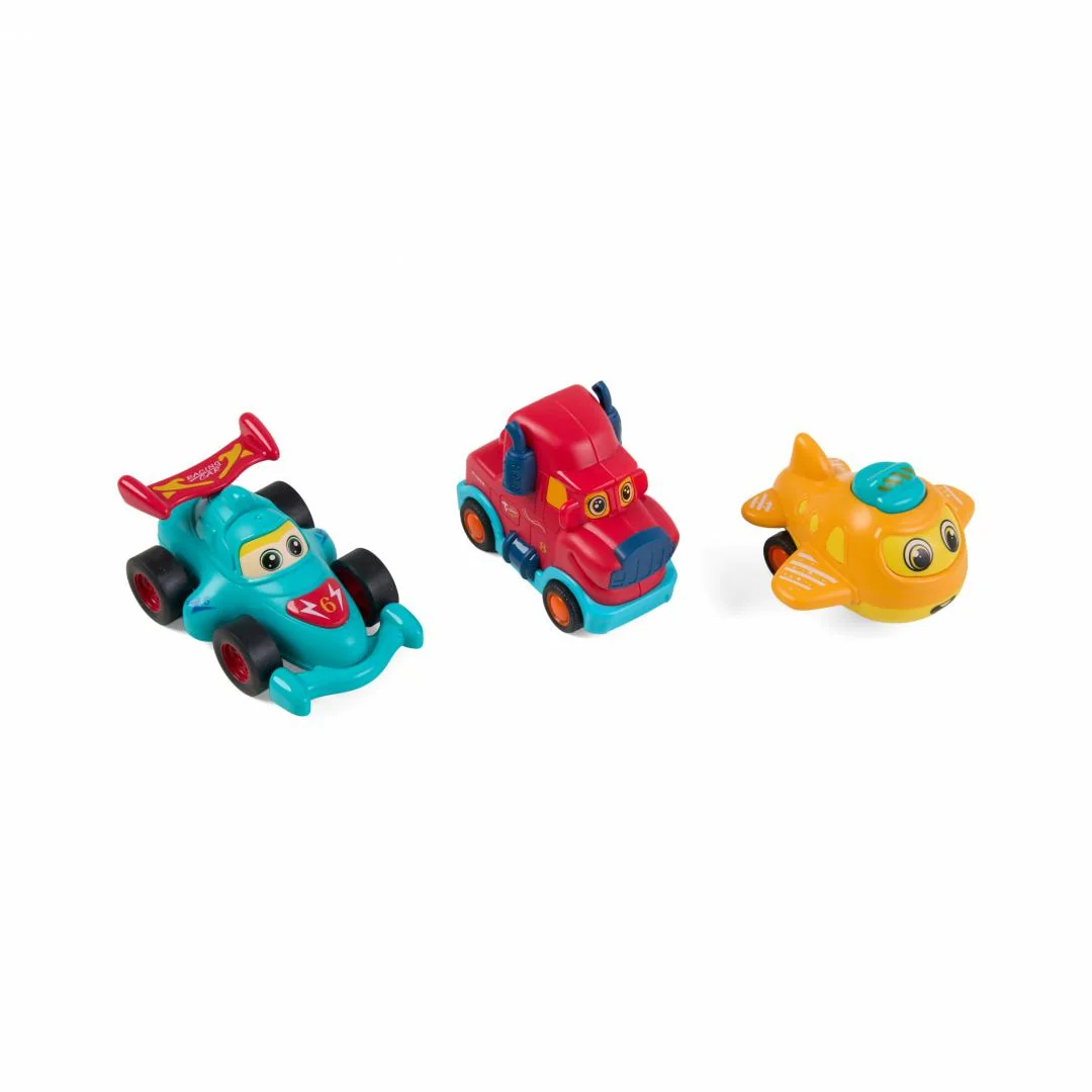 SET 3 VEHICULE ACTIONATE PRIN INERTIE- CAMION ROSU, MASINA DE CURSE ALBASTRA, AVION GALBEN,MOMKI Momki