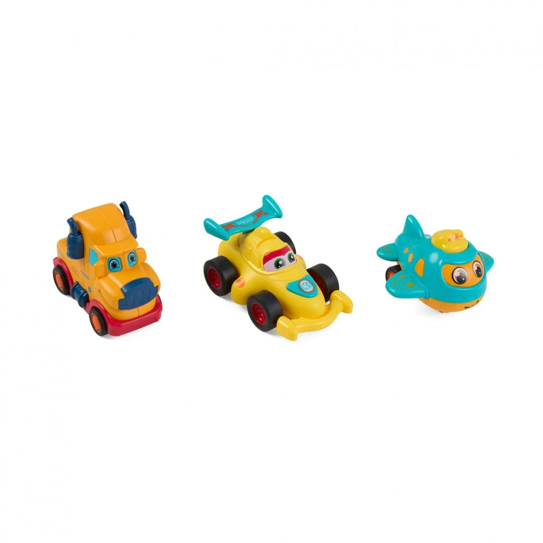 SET 3 VEHICULE ACTIONATE PRIN INERTIE- CAMION GALBEN, MASINA DE CURSE GALBENA, AVION ALBASTRU,MOMKI Momki