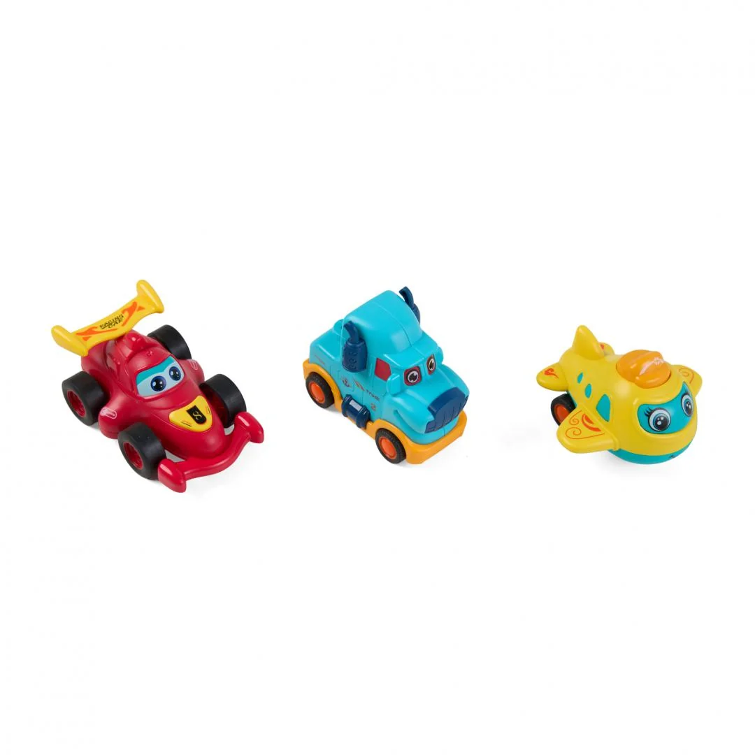 SET 3 VEHICULE ACTIONATE PRIN INERTIE- CAMION ALBASTRU, MASINA DE CURSE ROSIE, AVION GALBEN,MOMKI Momki