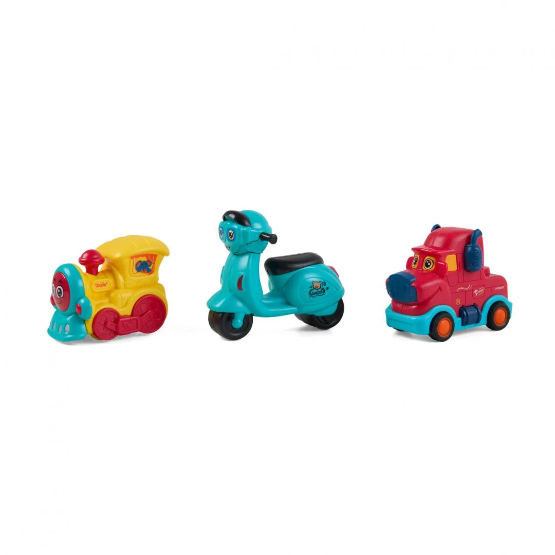 SET 3 VEHICULE ACTIONATE PRIN INERTIE- MASINUTA ROSIE, TREN GALBEN, SCUTER ALBASTRU,MOMKI Momki