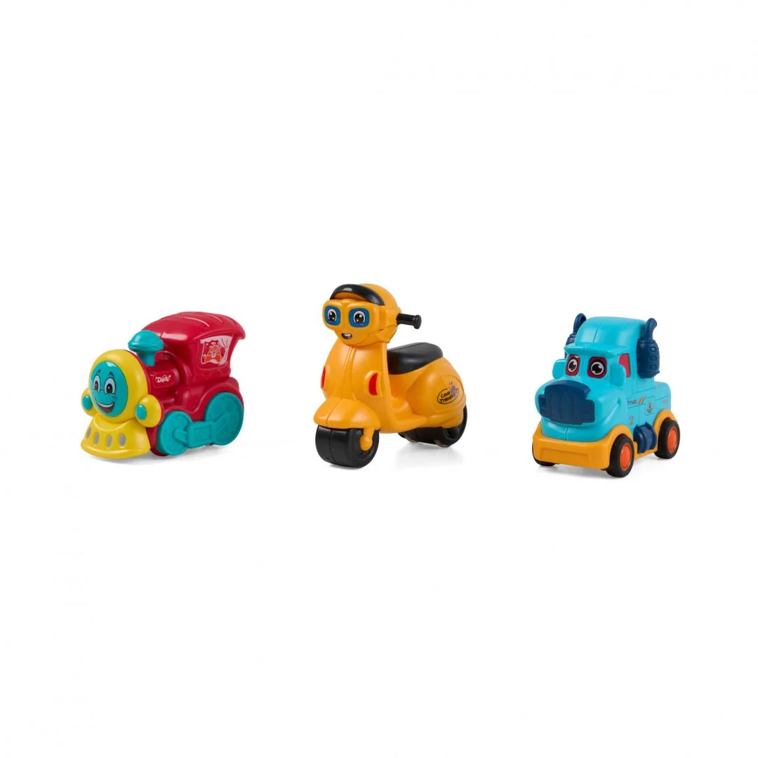 SET 3 VEHICULE ACTIONATE PRIN INERTIE- MASINUTA ALBASTRA, TREN ROSU, SCUTER GALBEN,MOMKI Momki
