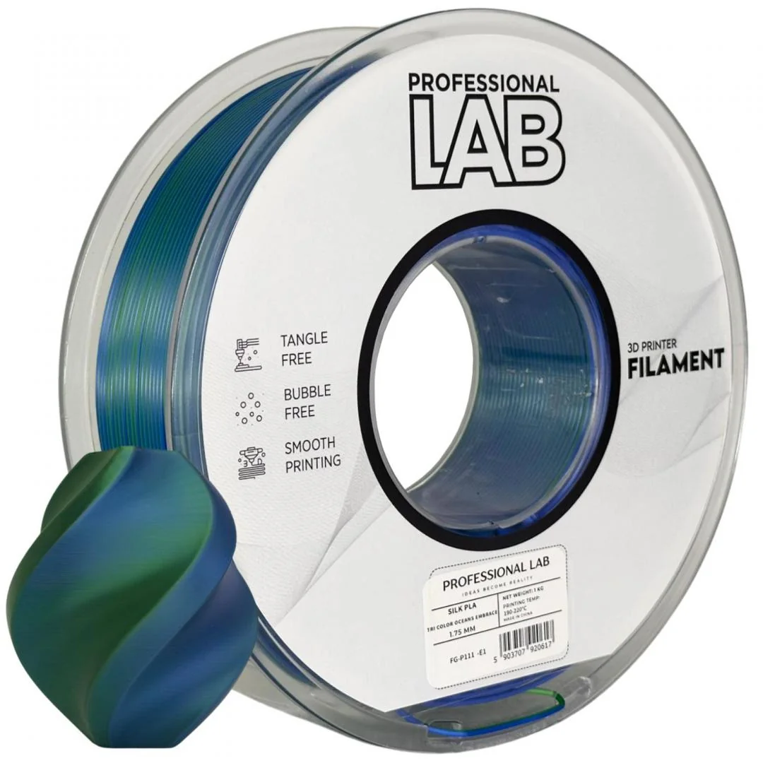 Silk PLA Tri Color Oceans Embrace | Prof. Lab, Diametru: 1.75mm, Greutate: 1kg, Temperatura duza: 200C – 230C, Temperatura platforma: 40C – 60C. Professional Lab