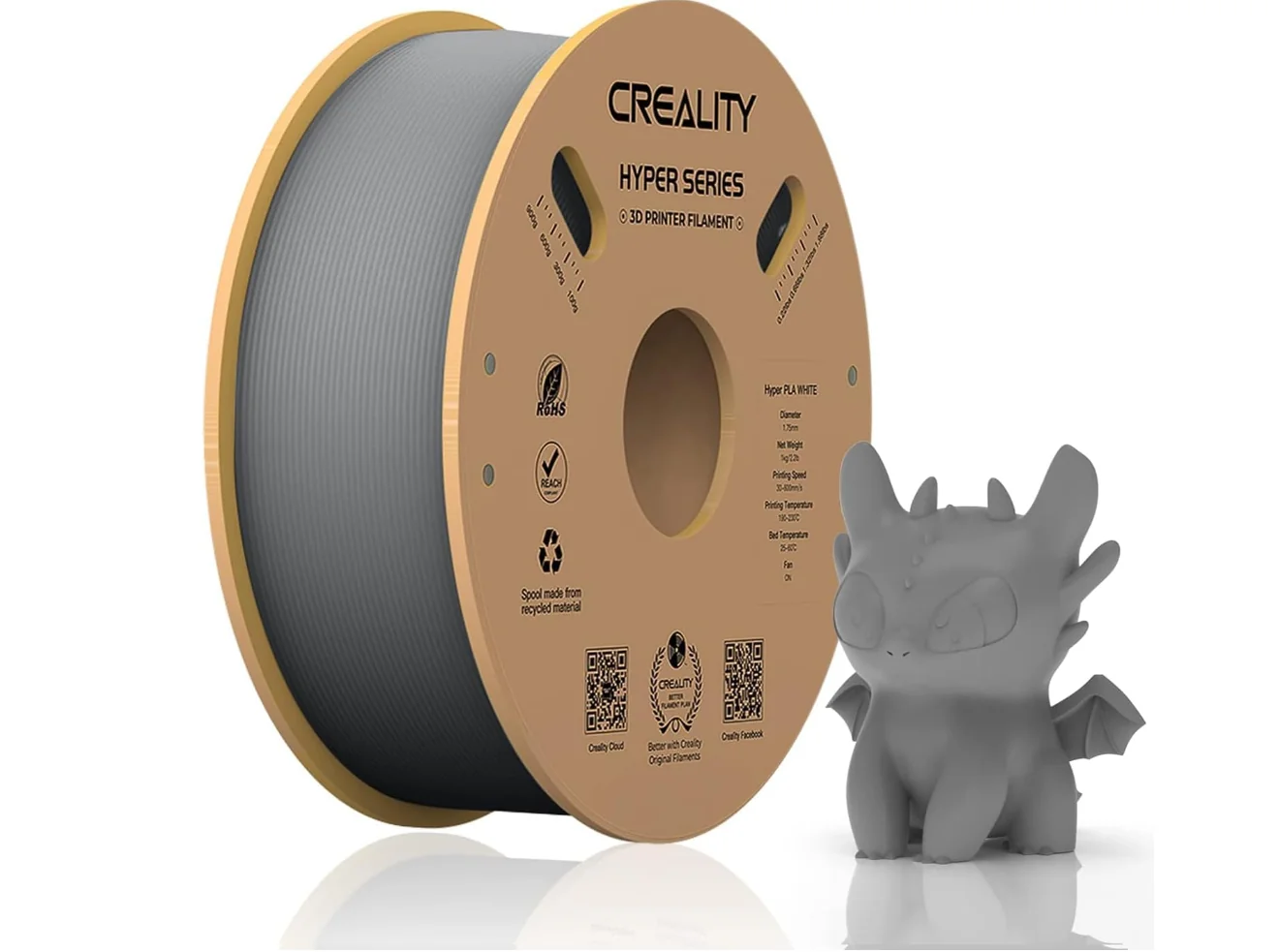 HYPER PLA 3D Printer Filament, Grey, Temperatura printare: 200-220 grade celsius, Diametru filament: 1.75mm, Tensile strength: 52.99MPa, Bending strenght:92.38Mpa Dimensiuni rola filament: Diametru 200mm, inaltime 70mm, gaura centrala 56mm, Creality