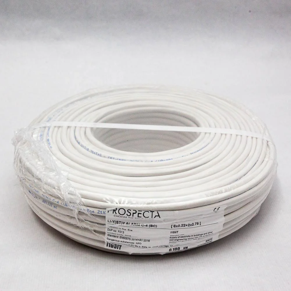 Cablu alarma 8 x 0.22 + 2 x 0.75 premium, cupru 100%, cod: I105ITLi-Y (ST)Y, made in Italy, utilizare pentru sisteme de alarma, manta exterioara PVC alb, ecranare: folie de aluminiu laminata, raza de curbura 10x diametru, Peak Operating Voltage 250, Prospecta