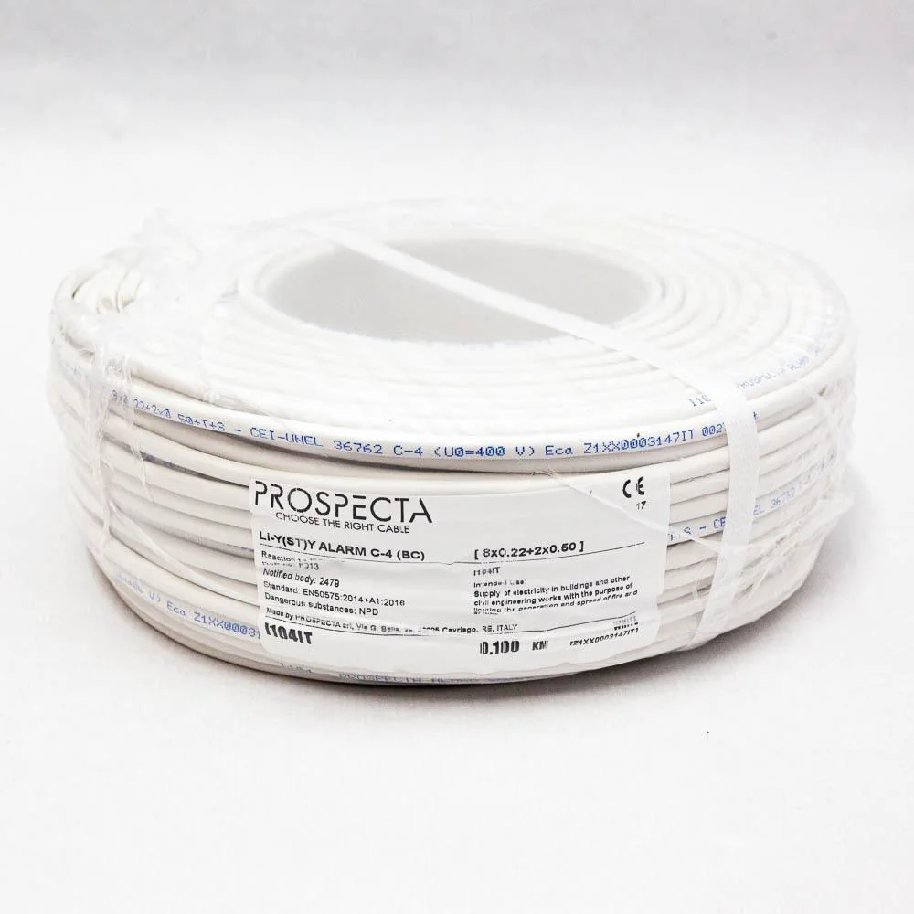 Cablu alarma 8 x 0.22 + 2 x 0.50 premium, cupru 100%, cod: I104IT Li-Y (ST)Y, made in Italy, utilizare pentru sisteme de alarma, manta exterioara PVC alb, ecranare: folie de aluminiu laminata, raza de curbura 10x diametru, Peak Operating Voltage 250, Prospecta