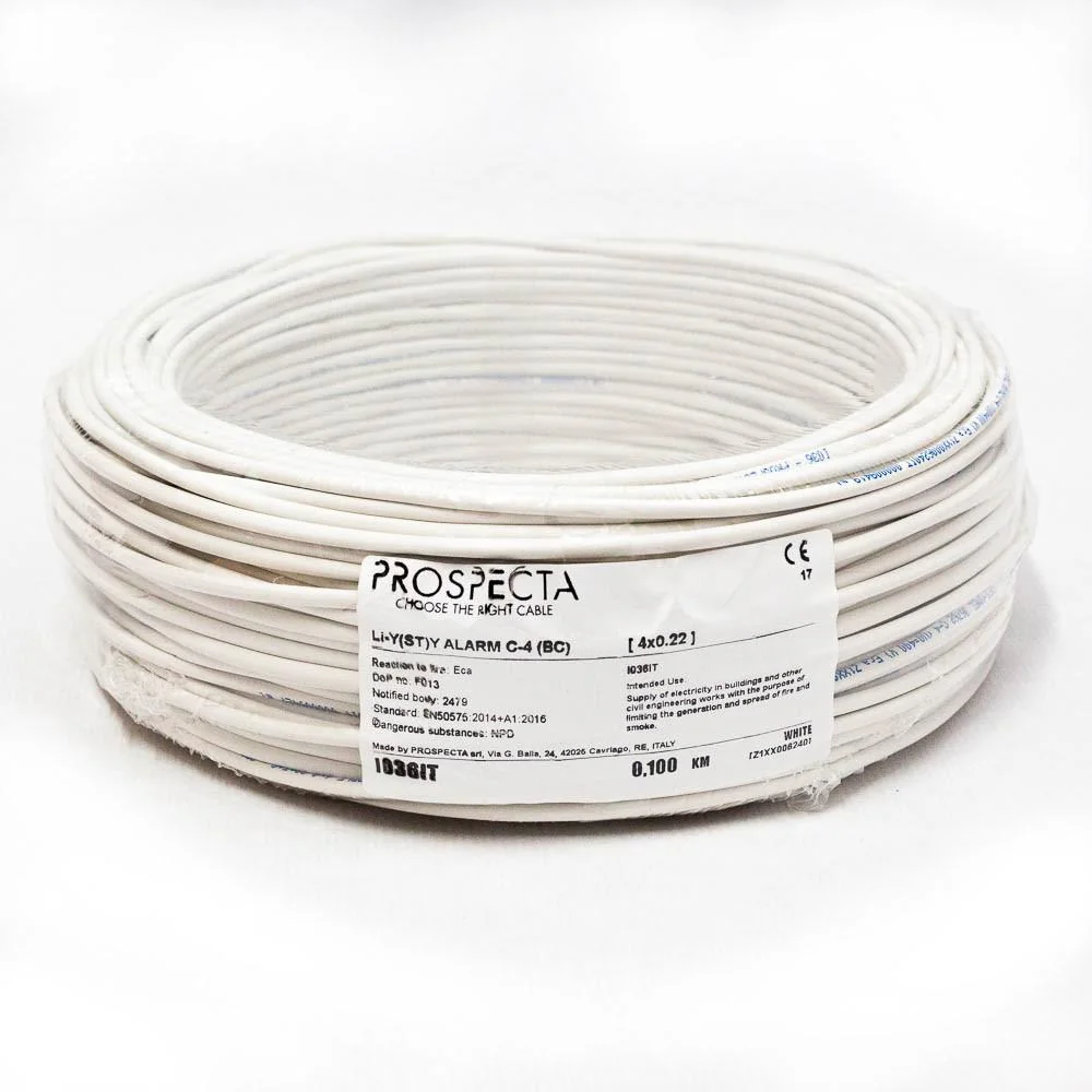 Cablu alarma 4 x 0.22 premium, cupru 100%, cod: I036IT, Li-Y(ST)Y, made in Italy, utilizare pentru sisteme de alarma, manta exterioara PVC alb, ecranare: folie de aluminiu laminata, raza de curbura 10x diametru, Peak Operating Voltage 250, Voltage Rating Prospecta