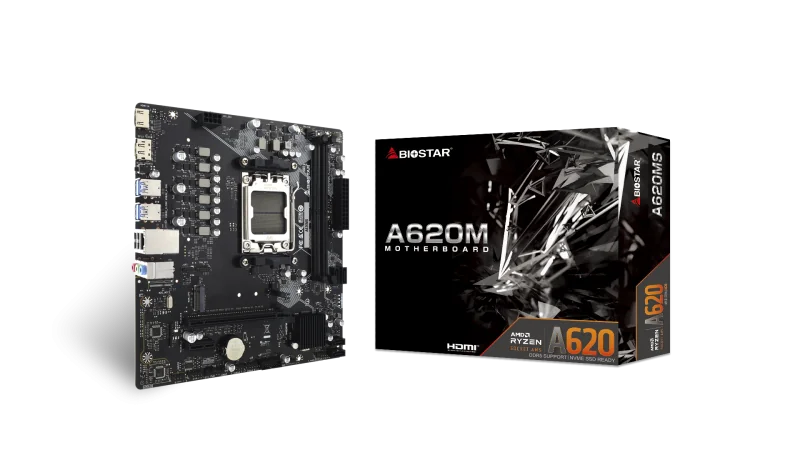 Biostar A620MS. Processor manufacturer: AMD, Processor socket: Socket AM5, Compatible processor series: AMD Ryzen 7000 Series, AMD Ryzen 8000 Series, AMD Ryzen 9000 Series. Supported memory types: DDR5-SDRAM, Maximum internal memory: 128 GB, Memory slots