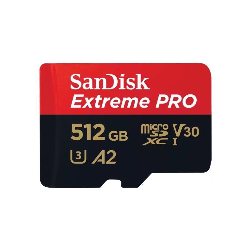 SanDisk Extreme PRO. Capacity: 512 GB, Flash card type: MicroSDXC, Flash memory class: Class 10, Internal memory type: UHS-I, Read speed: 200 MB/s, Write speed: 140 MB/s, UHS Speed Class: Class 3 (U3), Video Speed Class: V30. Protection features: Shock