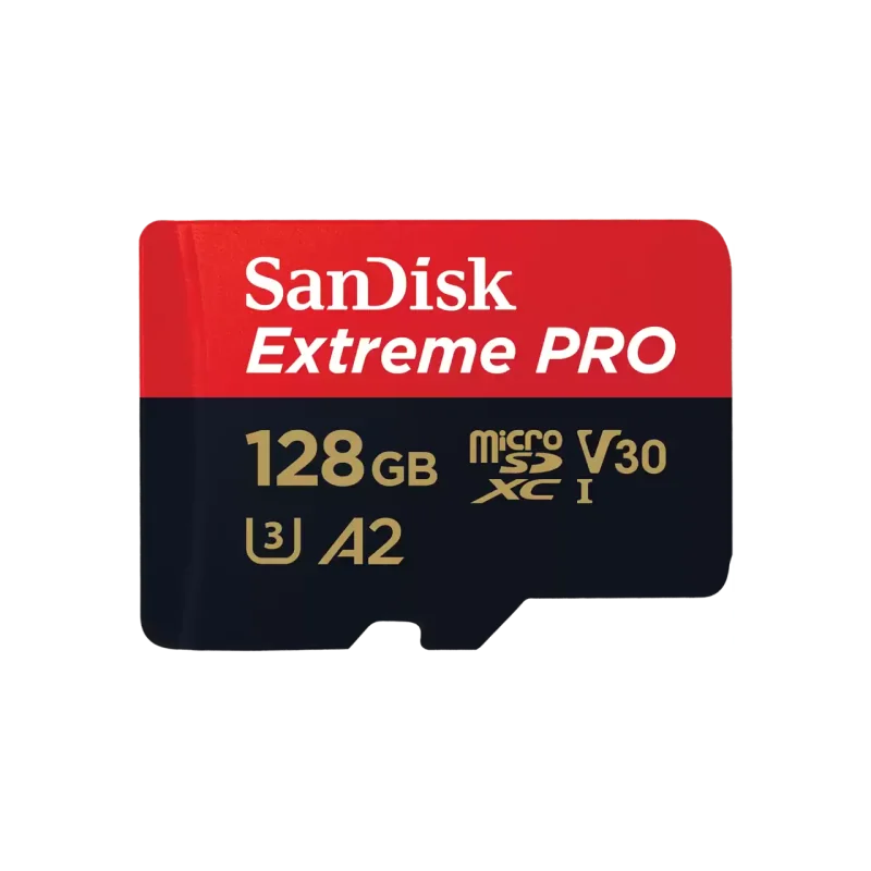 SanDisk Extreme PRO. Capacity: 128 GB, Flash card type: MicroSDXC, Flash memory class: Class 10, Internal memory type: UHS-I, Read speed: 200 MB/s, Write speed: 90 MB/s, UHS Speed Class: Class 3 (U3), Video Speed Class: V30. Protection features: Shock