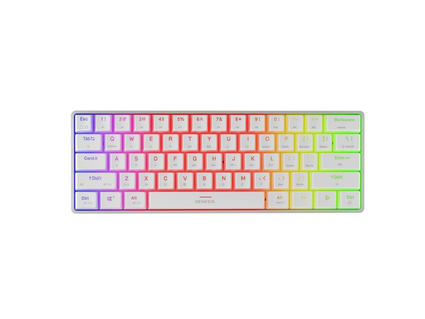 Tastatura gaming mecanica wireless Genesis Thor 660 G2 60%, iluminare RGB, switch Linear, switch model Gateron Red, numar taste 61, 13 butoane multimedia, lungime cablu 1.5m, dimensiuni 293 x 102 x 39 mm, alb