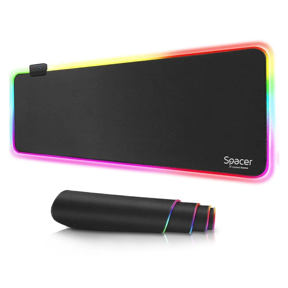Mousepad Spacer RGB gaming, cauciuc si material textil, 900 x 300 x 3 mm, 1.8 m lungime cablu, 13 moduri de iluminare, statice si dinamice, negru/rgb Spacer