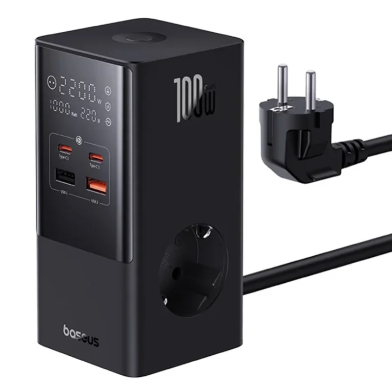 Incarator retea Baseus GaN Powerstrip, Quick Charge 100W, 2 x AC, 2 x USB Type-C Output 5V/3A, 2 x USB, lungime cablu 1.5m, negru Baseus