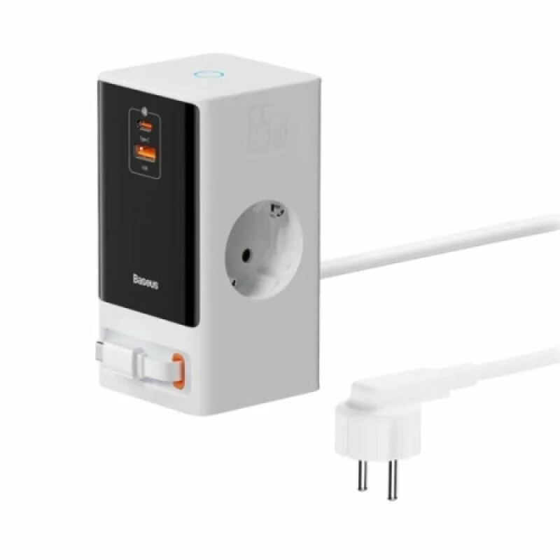 Incarcator retea Baseus PowerCombo Powerstrip, QC 65W, 2xAC, 1 x cablu integrat retractabil USB Type-C Output 5V/3A, 1xUSB, 1.5m, alb Baseus