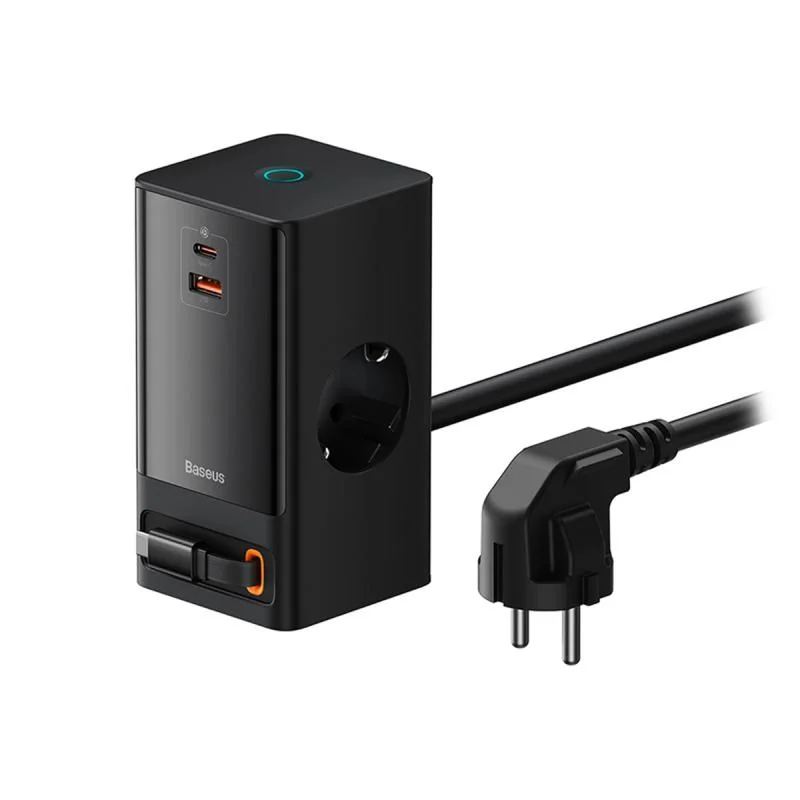 Incarcator retea Baseus GaN3 Pro Powerstrip, Quick Charge 65W, 2 x AC, 1 x USB Type-C Output 5V/3A, 1 x USB, lungime cablu 1.5m, negru Baseus
