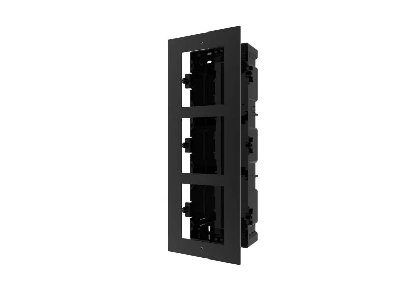 Panou frontal pentru 3 module videointerfon modular Hikvision DS-KD- ACF3; permite conectarea a 3 module de videointerfon modular; montareincastrata; material aluminiu, doza de plastic inclusa; dimensiuni:337.8mm x 124mm × 4mm; culoare: negru.