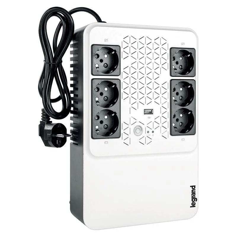 UPS Legrand MULTIPLUG 600, 600VA/360W, 6x German standard sockets, USB charger, baterie 1x 12V 7.2Ah, 230V, tehnologie Line interactiv, dimensiuni 190 x 89.5 x 296mm Legrand