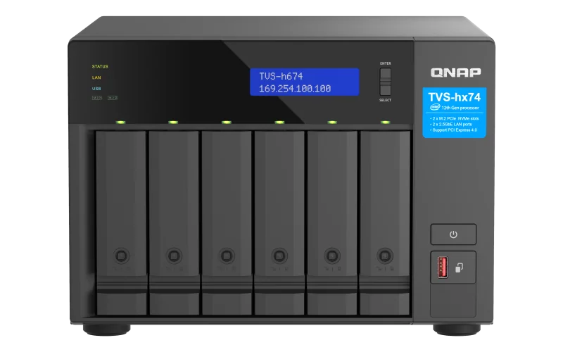 NAS QNAP H674 6-Bay, CPU Intel Core i5-12400 6-core 12-thread Processor, up to 4.4GHz, RAM 32GB (2x 16GB) DDR4 SODIMM (Max. 128GB), 6 x 2.5"/3.5" SATA 6Gbps + 2 x M.2 2280 NVMe HDD (neincluse), LAN: 2 x 2.5GbE (2.5G/1G/100M/10M), USB3.2 Gen1: 3 (2 x QNAP