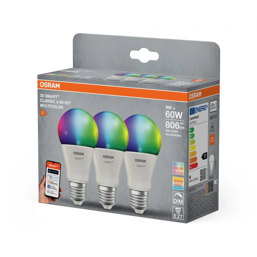 3 Becuri LED RGB inteligente Osram SMART+ Matter over WiFi Classic Multicolour A ,E27, 9W (60W), 806 lm, lumina alba si color (2700-6500K) Osram