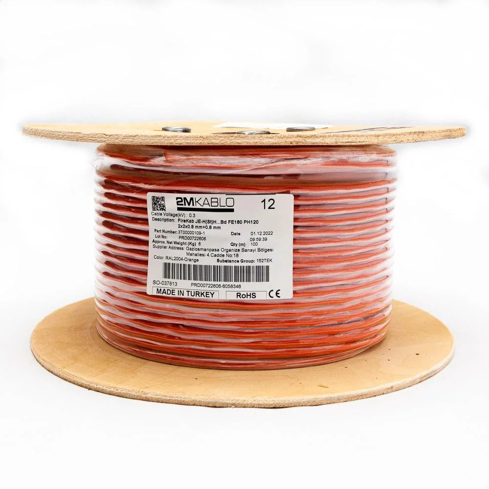 Cablu incendiu JEH(St)H...Bd FE180 PH120 2x2x0.8 mm+0.8 , rezistenta la foc 120 minute, compatibilitate E30/E90producator 2M Kablo, 3T00000109-100Diametru fir: 0.8mmConductor: perechi torsadate cu protectie din fibra de sticla, cupru 100%Culori fire: 2Mkablo