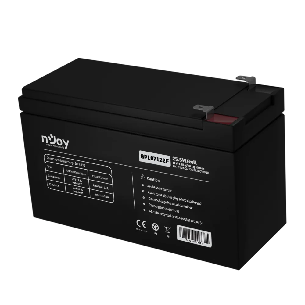 Acumulator nJoy GPL07122F 12V 22.72W/cell, Capacitate 22.72W/cell evaluat la 1,65V/cell@15 min), Tensiune 12V, Tip VRLA - fara mentenanta, Caracteristici: Sigilata complet si fara intretinere, Peste 260 de cicluri la 100% DOD, Utilizare standard 5-8 ani, nJoy