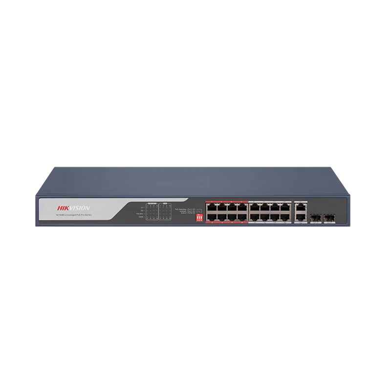 16 Port Fast Ethernet Unmanaged POE Switch Hikvision DS-3E0318P-E(C) Intelligent PoE management. Up to 300 m long range PoE transmission. Port isolation to improve network security. 6 KV surge protection to improve reliability in harsh environment. PoE Hikvision